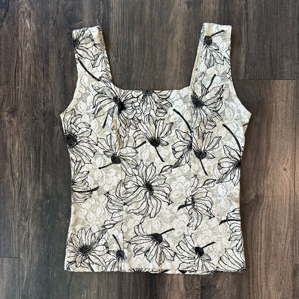 Vintage Floral Lace Micro Mesh Tank Top Blouse EKDesigns Black White Size Medium